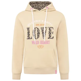 Hoodie ZWILLINGSHERZ "Wild Love", Damen, Gr. SM (S/M), beige, Sweatware, Obermaterial: 50% Baumwolle, 50% Polyester, unifarben mit Farbeinsatz, comfort fit hüftlang, V-Ausschnitt, Sweatshirts Hoodie, mit Wording Leo Love und Stickerei