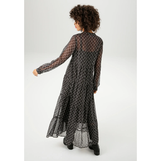 Maxikleid ANISTON CASUAL, Damen, Gr. 44, N-Gr, schwarz-weiß (schwarz, weiß), Chiffon, Obermaterial: 100% Polyester. Futter: 100% Polyester, bedruckt, gemustert, gepunktet, lässig geschnitten knöchellang, V-Ausschnitt, 1-Knopf-Manschette, Kleider Maxikleid, mit interessantem Kettendruck aus Punkten