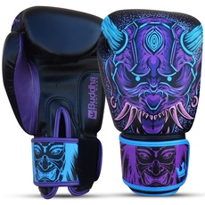 BUDDHA FIGHT WEAR – Fantasy Luzbel Boxhandschuhe – Muay Thai – Kickboxen – hochwertiges Kunstleder – geruchshemmender Innenstoff – verstärkte Nähte – Blaue Farben – Größe 16 Oz