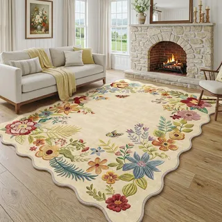 Beauoop Teppich Wohnzimmer 160X230 cm Beige Waschbar Blumen Wellenrand | Vintage Kurzflor Weich Rutschfest Groß Carpet Schlafzimmer Kinderzimmer Esszimmer Landhausstil Rug for Living Room Bedroom