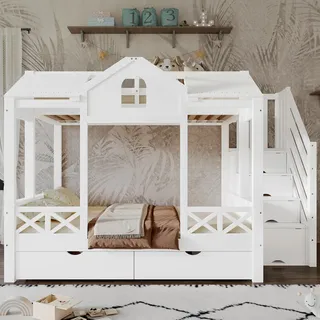 Etagenbett 90x200/140x200 cm mit 2 Schubladen, Treppenregal mit 4 Fächern, Dach- und Fensterdesign, Kinderbett mit Stauraum, Kiefer/MDF/Sperrholz, Weiß - Weiß