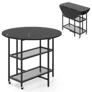 GIANTEX Esstisch klappbar, runder Küchentisch für 2-4 Personen, Esszimmertisch mit 2 Rollen, Klapptisch Küche mit 2 Gitterablagen, klappbarer Esstisch Marmor Optik, Tisch Esszimmer 100x100x80 cm