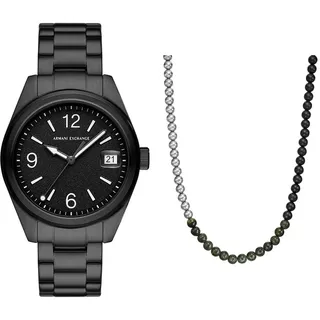 Armani Exchange Herren Schwarze Edelstahl-Uhr und Silber-Ton Halskette, Set