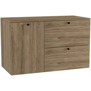 WENA Waschtischunterschrank 100 cm mit Wäschekorb, glatte Fronten, Griffe aus Metall in der Farbe Schwarz (Farbe: Walnuss Dunkel) - Bronze