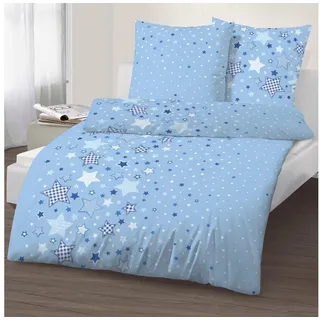MTOnlinehandel Biber Bettwäsche 135x200 Sterne-Motiv Blau kuschelig & weich, Kinder-Bettwäsche für Mädchen und Jungen, Kissenbezug 80x80 + Bettbezug 135x200 cm - 100% Baumwolle