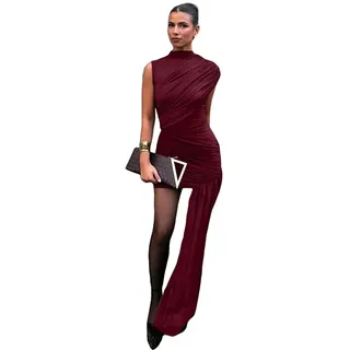 XYNM Kleid Unregelmäßiges Drapiertes, Gerafftes Sexy Minikleid Für Damen, Eleganter Rollkragenpullover, Ärmellos, Hohe Taille, Plissee, Club-Partykleid-Claret-m