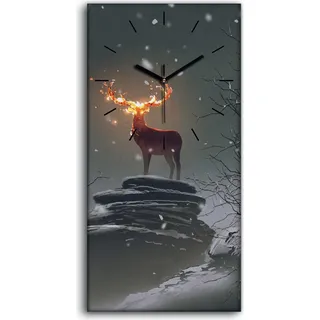 Dekor Leinwand Uhr Wandbilder Quarz 30x60 der Hirsch Tiere mit Feuerhörnern - schwarze Hände - Grau