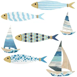 Yanxing 7 Stück Maritime Deko, Fisch Deko, Schiff Deko, Badezimmer Deko, Fisch, Segelboot, Holz, Hängende Dekoration, Geeignet Für Schlafzimmer, Badezimmer, Wohnzimmer, Ozeanthema (Blau Und Weiß)