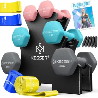 KESSER® Hanteln 3 Paar (2x 1,2,3kg) = Gesamt 12kg | Kurzhanteln Set mit Ständer | Fitness Hantel | Hantelset mit Übungsheft, 2x Fitnessbänder Rosa - Rosa