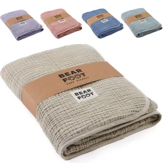 BEARFOOT Babydecke - Musselin Fleecedecke (Baumwolle, Fleece) flauschig weiche Kuscheldecke, Baby/Neugeborene/Kinder Geschenk Junge & Mädchen zur Geburt (Summer Sand)