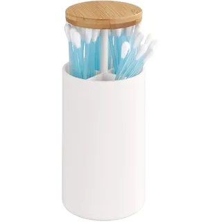 Wenko Wattestäbchenhalter Laresa, Aufbewahrung für Wattestäbchen mit Einer Länge bis zu 7,8 cm mit Deckel aus nachhaltigem Bambus, Kosmetikpad-Spender aus hochwertigem Kunststoff; Ø 6,5 x 11,5 cm