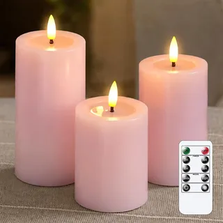Yeelida Flammenlose LED-Kerzen mit Wachsöl-Effekt, flackernde Fernbedienung 3er Pack Rosa Säule Batteriebetriebener Timer Elektrische Kerzen aus echtem Wachs (7.5x10,12.5,15cm)