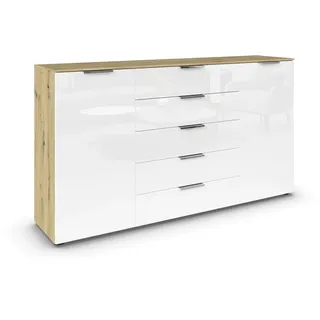 Rauch Möbel Flipp, Kommode für Schlafzimmer, Kinderzimmer, Wohnzimmer, Jugendzimmer, Flur, Garderobe, 2-türig, 5 Schubladen, mit Softclose-Funktion, Farbe Eiche Artisan, Holz/Glas Weiß, Breite 180 cm