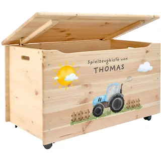 Pinus Spielzeugkiste personalisierbar 90x48x51 cm mit Deckel Rollen | Kiefernholz, Wunschname personalisiert, große Aufbewahrung, für Spielzeug Decken Erinnerungen, Kinderzimmer Geschenk Geburt
