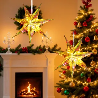 SUNBEAUTY 2 Stück Weihnachtsstern Beleuchtet, 35cm Weihnachtsstern Fenster Deko 7 Zacken Faltsterne Weihnachten,Hängend Weihnachtsdeko Leuchtsterne Weihnachten für Innen und Außen