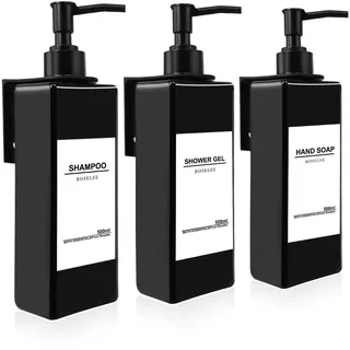 Roselee 3er Seifenspender Wandbefestigung Set 500ml Seifenspender Wand Schwarz,Shampoo Flaschen Zum Befüllen-Spülmittelspender Ohne Bohren mit Trichter und Wasserdichten Etiketten für Küche Bad