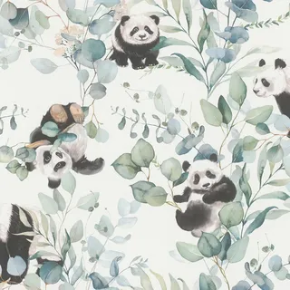 Rasch Textil Rasch Tapete 301144 - Helle Vliestapete mit Eukalyptus und Pandas in Aquarell-Optik; Kinderzimmer-Tapete - 10,05m x 0,53m (LxB)