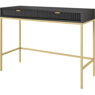 NOVA Schminktisch 2 Schubladen, Goldgriffe, geriffelte Fronten, Schwarz Matt, Metallbeine Gold, 104x78x50 cm - Schwarz, Gold