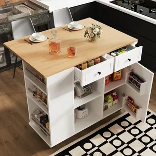 okwish Kücheninsel Küchenschrank Sideboard Aufbewahrungsschrank Buffetschrank Esszimmerwagen mit Arbeitsplatte,ausgestattet mit Snackhalter und Weinglasregal, Weiß - Weiß