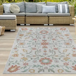 Teppich Outdoor Wohnzimmerteppich creme mit buntem Blumenmuster Größe - 200 x 290 cm - Creme, Bunt