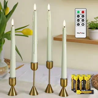Rhytsing 4er LED Stabkerzen Salbeigrün mit Fernbedienung H 24,5 cm, batteriebetriebene Tafelkerzen Wachstropf-Design mit Timer, 8 Batterien im Lieferumfang enthalten