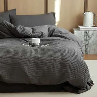 Seersucker Bettwäsche 140x200 Grau Chic Bettbezug mit Kissenbezug 70x90 | Sommerbettwäsche Set, Modern, Kühlende, Strukturiert, Sommer, Atmungsaktiv, Leicht, Microfaser, Reißverschluss, Einzelbett