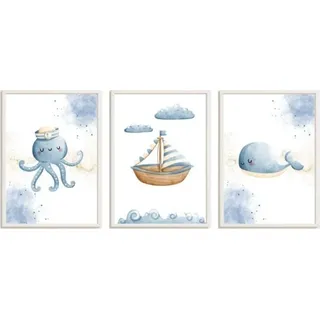 Crochetts Set aus 3 Kinderbildern mit Ozeanmotiven – Oktopus, Boot und Wal LMN-91-C - Blau