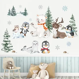 decalmile Wandtattoo Waldtiere Eisbär Wandaufkleber Kiefer Pinguin Hirsche Schneeflocken Wandsticker Kinderzimmer Schlafzimmer Babyzimmer Winter Wanddeko