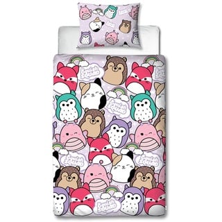 Character World Squishmallows Offizielles Polyester-Bettwäsche-Set für Einzelbett, helles Design, wendbar, 2-seitig, Squish Squad, offizielles Lizenzprodukt, inklusive passendem Kissenbezug,