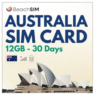 BeachSIM Australien SIM Karte 30 Tage. 12 GB Datenvolumen mit 4G/5G-Netz. Optus-Netz. Kostenloses Roaming in Neuseeland. Schnelle Aktivierung. Einfaches Aufladen.