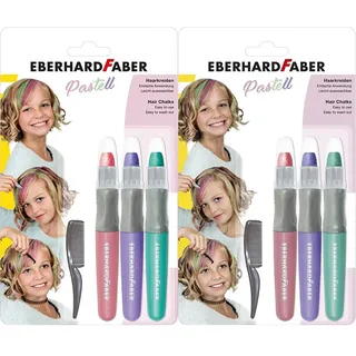 Eberhard Faber 579202 - Haarkreide Pastell, Set mit 3 Farben und Haarkamm, einfache Anwendung, leicht abwaschbar, für trendige Frisuren und neue Haarfarben (Packung mit 2)