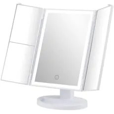GRIFEMA Dreifach Faltbare Kosmetikspiegel mit 32 LED Licht, Schminkspiegel mit Beleuchtung, 3X/2X/1X Vergrößerung, Tischspiegel mit Touch Beleuchtung, 180° Einstellbar, USB und Batterie, Weiß