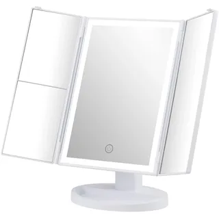 GRIFEMA Dreifach Faltbare Kosmetikspiegel mit 32 LED Licht, Schminkspiegel mit Beleuchtung, 3X/2X/1X Vergrößerung, Tischspiegel mit Touch Beleuchtung, 180° Einstellbar, USB und Batterie, Weiß