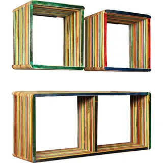 SYFAXTM 3-tlg. Wandregal-Set Recyceltes Massivholz Teak Mehrfarbig