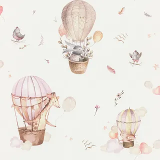 Rasch Kindertapete Heißluftballon Kids World II - Verspielte Vliestapete Wolken in Beige Braun Rosa für ein ruhiges Wohnambiente im Mädchen und Jungen Zimmer - 10,05 m x 0,53 m
