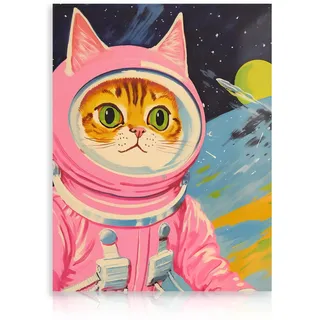 Lustige Katze Astronaut Poster Katze im Weltraum Leinwand Bild niedlich rosa Wandkunst bunte Wand Kunst für Schlafzimmer 30×40 cm Ungerahmt