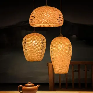 FUMIMID 3‐flammige Bambus Pendelleuchte Natürliche Rattan Hängelampe Retro Vintage Höhenverstellbarer Lampenschirm E27 Landhaus‐Stil Beleuchtung für Esstisch Esszimmer Wohnzimmer Restaurant