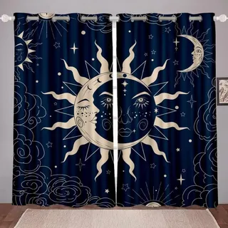 kxry Sun and Moon Verdunkelungsvorhänge für Schlafzimmer, Wohnzimmer, Marineblau, Boho, himmlische Verdunkelung, Ösenvorhang, 213 cm lang, Fenstervorhänge, Behandlungsraumdekoration, 2 Paneele Set,