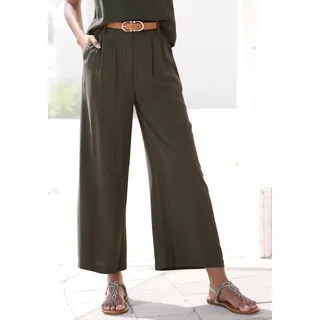Bundfaltenhose LASCANA "aus leichtem Leinenmix mit weitem, luftigem Bein", Damen, Gr. 40, N-Gr, grün (khaki), Web, Obermaterial: 85% Viskose, 15% Leinen, unifarben, figurumspielend lang, Hosen Bundfaltenhose, mit Taschen und Knopfdetail, weites Bein, leichte Sommerhose, Topseller