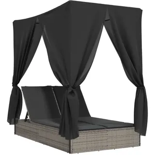 vidaXL Doppel-Sonnenliege mit Dach und Vorhängen Grau Poly Rattan - Grau