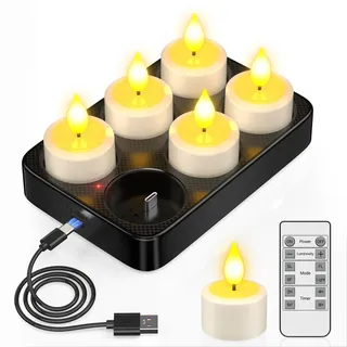 PChero 6er Aufladbare Teelichter mit Ladestation und Timer, LED Teelichter Wiederaufladbar Flackernd Kerzen mit Fernbedienung Timerfunktion, Perfekt für Home Halloween Kürbis Weihnachten Party Deko