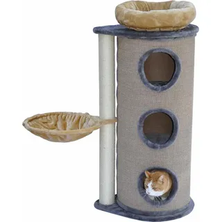 Kratztonne grau / beige - Liegemulde - abnehmbares Katzenbett - 2 Kratzstämme - Schwarz