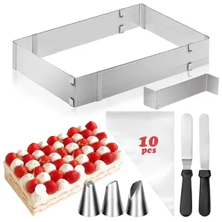 ZUPAPJO Backrahmen Rechteckig Verstellbar, Backrahmen Eckig Edelstahl, Tortenring Eckig mit Teiler, Spatel, Spritzbeutel, Tüllen aus Edelstahl, Backrahmen Rechteckig Spülmaschinenfest
