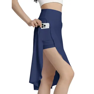 Bezioner Hosenrock Damen Sommer Midirock Tennisrock mit Hose Taschen HoherTaille Golfrock Sportrock mit Schlitz Rüschensaum Marineblau L
