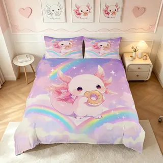 Homemissing Süß Axolotl Bettwäsche Set 135x200cm Dreamy Prinzessin Rainbow Bettwäsche-Set Cartoon Axolotl Bettbezug mit 1 Kissenbezug für Kinder Mädchen Jungen mit Reißverschluss