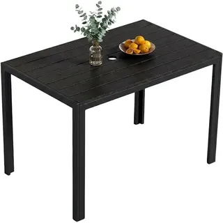 Gartentisch 110x70x73cm mit 4cm Schirmloch, WPC Tischplatte in Holzoptik, Aluminium Rahmen, wetterfester Balkontisch für 4 Personen, Schwarz - Schwarz