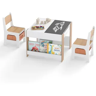 FANTASK Kindertisch Set, Kindersitzgruppe Holz mit wendbarer Tischplatte Regal Boxen, Maltisch Spieltisch mit Stauraum für Kinder ab 3 Jahren, Natur