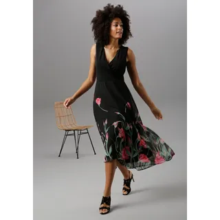 Sommerkleid ANISTON SELECTED, Damen, Gr. 40, N-Gr, schwarz (schwarz, rot, grün), Chiffon, Obermaterial: 95% Polyester, 5% Elasthan. Futter: 100% Polyester. Rock: 100% Polyester, bedruckt, figurumspielend wadenlang, V-Ausschnitt, Kleider Sommerkleid, mit floralem Druck, Topseller