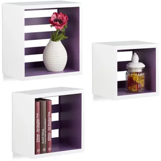 Relaxdays Hängeregale Cube, Wandregal 3er Set, quadratische Würfel Regale für Wand, schwebende Regale, MDF, weiß/violett