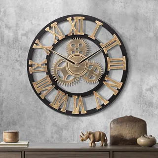 Lafocuse Holz Wanduhr Groß Industrial Gold, Lautlos Wanduhr Vintage 60cm XXL, Zahnrad Römische Ziffern Steampunk Gross für Wohnzimmer Küche